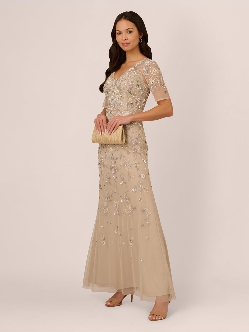 Adrianna Papell Size 16 Biscotti/Champagne 3D Floral Beaded Formal Gown NWT MOB